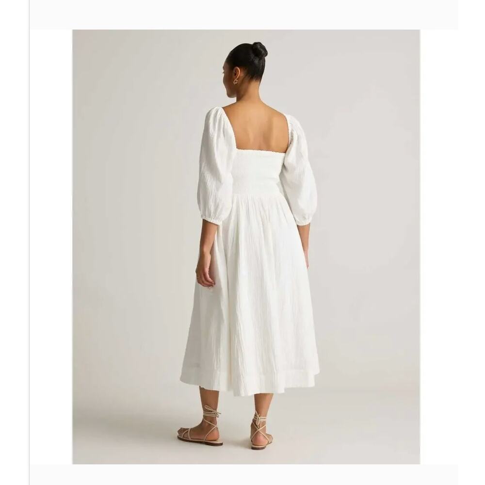 Quince Smocked Square Neck Midi Dress S NWT White 100% Organic Cotton Gauze - Picture 4 of 5